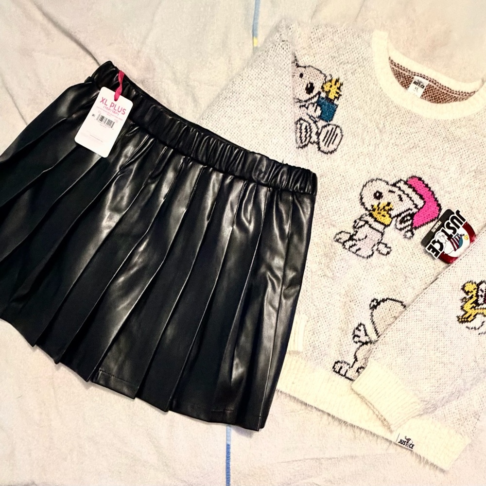JusJustice x Snoopy Girls Collab Sweater & Pleather Pleated Skirt-Size XL(16/18)